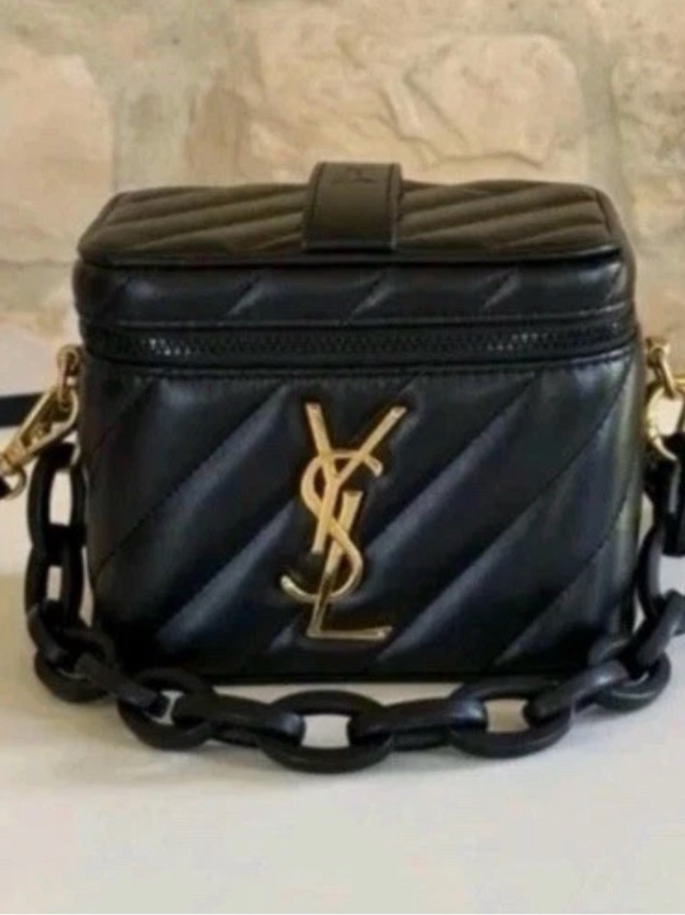 NEW YSL Cosmetics Quilted Vanity Case Crossbody Bag Black & Gold